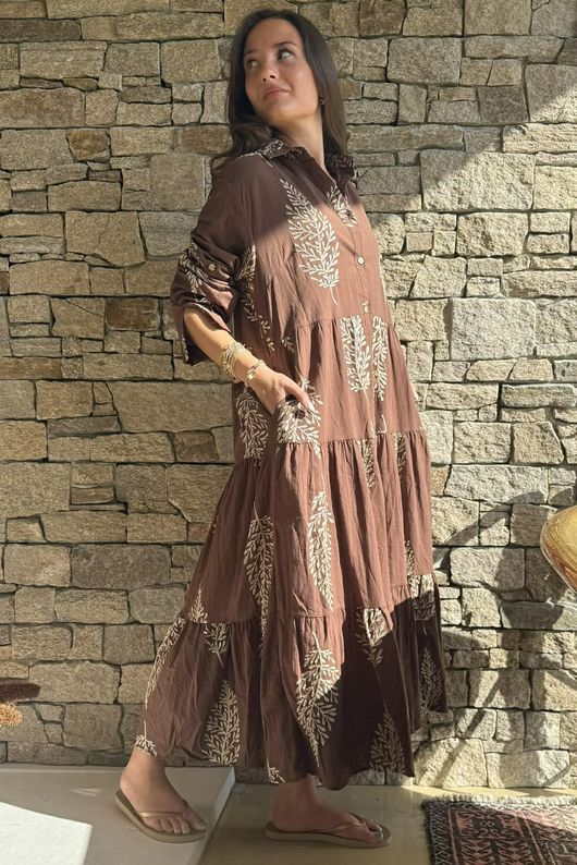 Yara Fern Tiered Smock Dress Chocolate